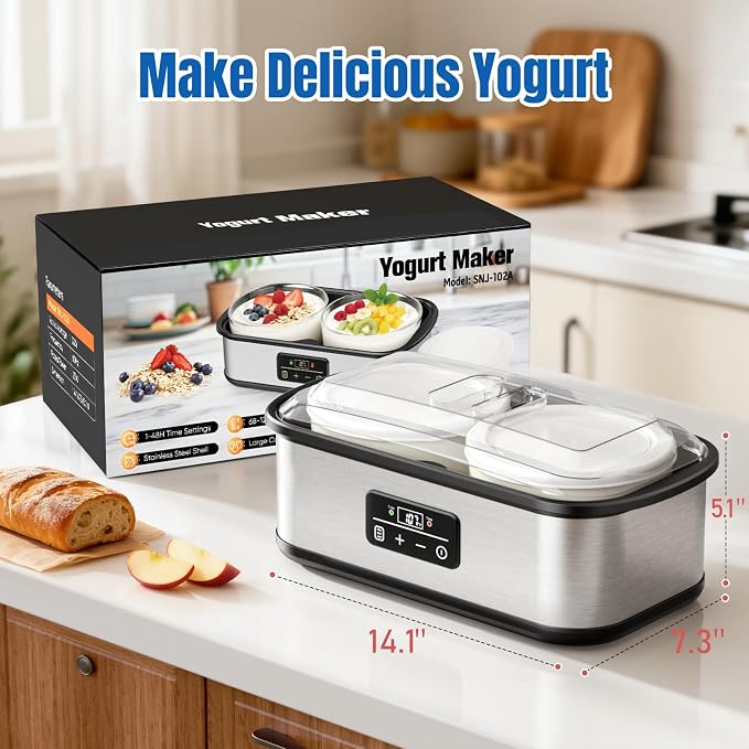 Yogurt Maker with Two 1 Quart Glass Bowls, Yogurt Maker Machine with Precise Temp Control (68-127℉) & 48H Timer, Auto Shut-Off, BPA-Free, for Homemade Probiotic Yogurt & Gut Health