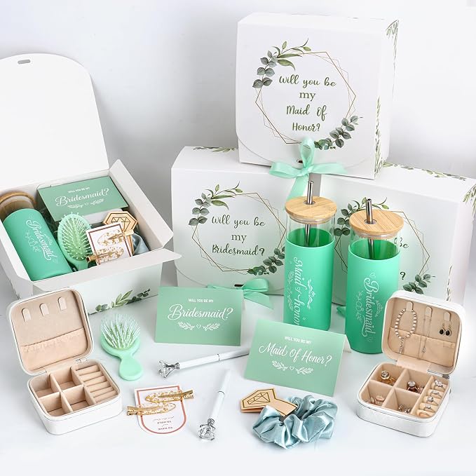55 Pcs Bridesmaid Proposal Gifts of 6 Sets Maid of Honor Gifts Box Glass Cups Jewelry Box Scrunchies Hair Clips Pen and Invited Cards for Bachelorette Bridal Shower Wedding Party (Green, 6 Set)