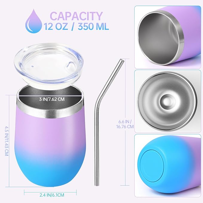 Volhoply 12oz Stainless Steel Wine Tumbler with Lid and Straw,Double Wall Vacuum Insulated Stemless Wine Glasses,Reusable Travel Coffe Mug for Cold Drinks,Tumblers Gifts for Women Men（Lavender,1 Set）