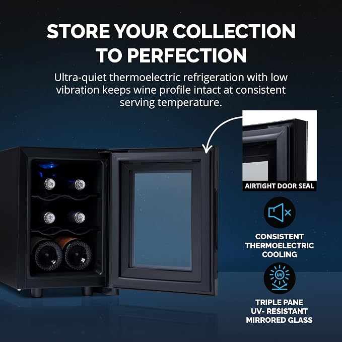 NewAir 10" Wine Fridge for 6 Bottles | Freestanding Wine Cooler Refrigerator with Glass Door | Compact Countertop Storage with Precision Cooling & Quiet Operation | Black