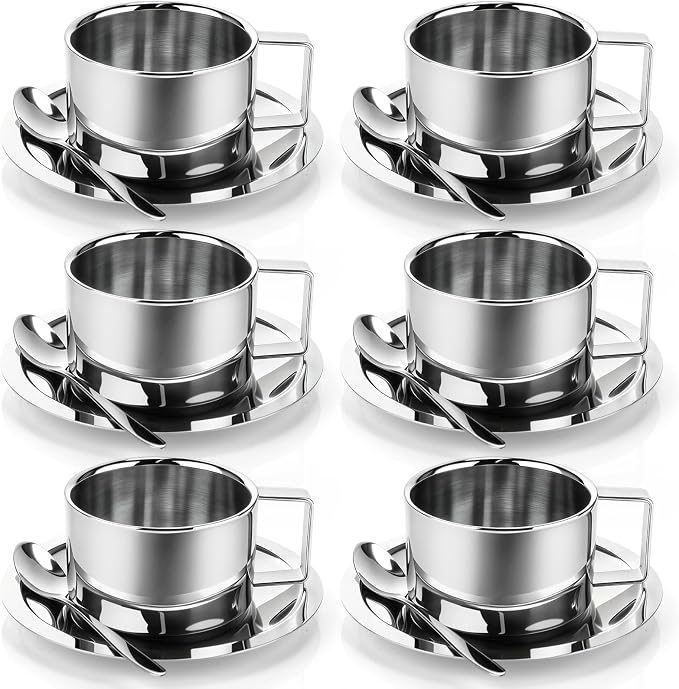 6 Pack Stainless Steel Coffee Cups Set, 7oz Insulated Espresso Cups with Spoon and Saucer, Double Walled Coffee Mugs for Latte, Tea, Milk, Cappuccino