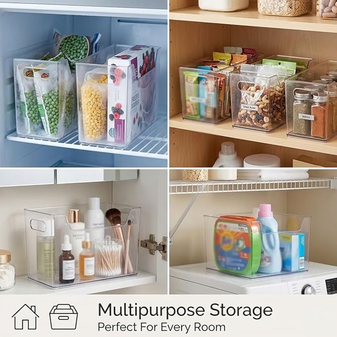Crystal Clear Freezer Storage Bins, 4 Pack Clear Plastic Storage Bins for Pantry Organizers and Storage, Kitchen Stackable Containers with Handle for Refrigerator, Fridge, Cabinet (8Pcs Large)
