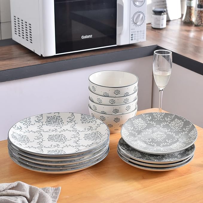 12-Piece Dinnerware Set, Ceramic Dish Set with Plates, Bowls, Nonstick, Durable Stoneware, Grey for Kitchen