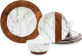 LEHAHA Rustic Modern Melamine Dinnerware Sets, Marble 12-Piece Lightweight Outdoor Plates and Bowls Sets, Unbreakable Wood Patterns Dishes Dinnerware Set, Service for 4…