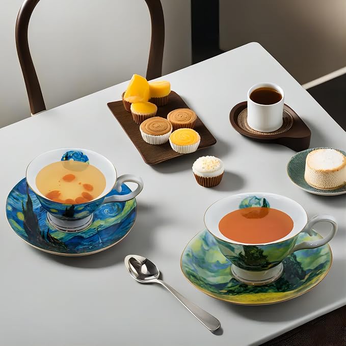 Floral Tea Cups Saucers Set of 2, Bone China 7 oz British Teacups Porcelain Coffee Cup for Rose Tea Cappuccino Espresso Latte (Starry Sky & Wheat Field)