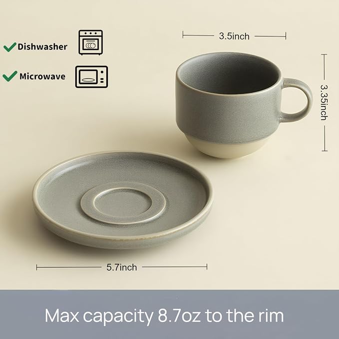 Little minimalist ceramic pottery tea cup with saucer, espresso cup | Matte Grey,Durable,Microwave and dishwasher safe, stoneware demitasse cup for lungo,cortado,Matcha, Americano