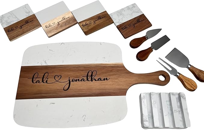 Personalized Marble Wood Charcuterie Board with Serving Tools and Coasters-Anniversary Wedding Gift Bridal Shower Engagement Housewarming Gift-Natural Acacia Engraved Charcuterie Board (Personalized)