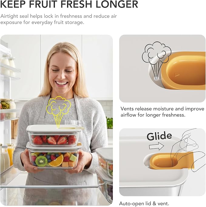 GENICOOK Glass Fruit Storage Containers for Fridge, 4 Pack Borosilicate Glass Food Storage Containers with One-Hand Slide Lid, Airtight Produce Containers, Stackable Fridge Organizer, BPA Free