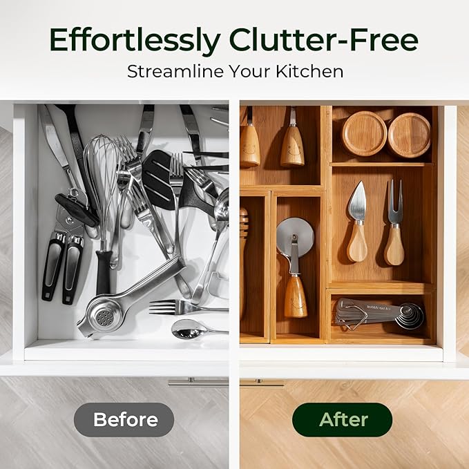 keechee Carbonized Bamboo Kitchen Drawer Organizer (Bundle: 10pc Organizers Set)