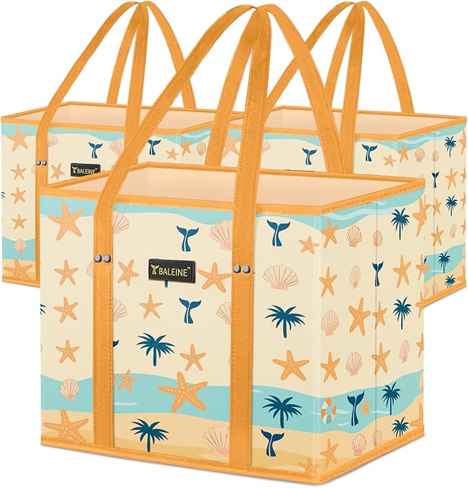 BALEINE 3Pk Reusable Grocery Bags, Foldable Shopping Bags for Groceries with Reinforced Bottom & Handles (Summer Beach-Yellow)