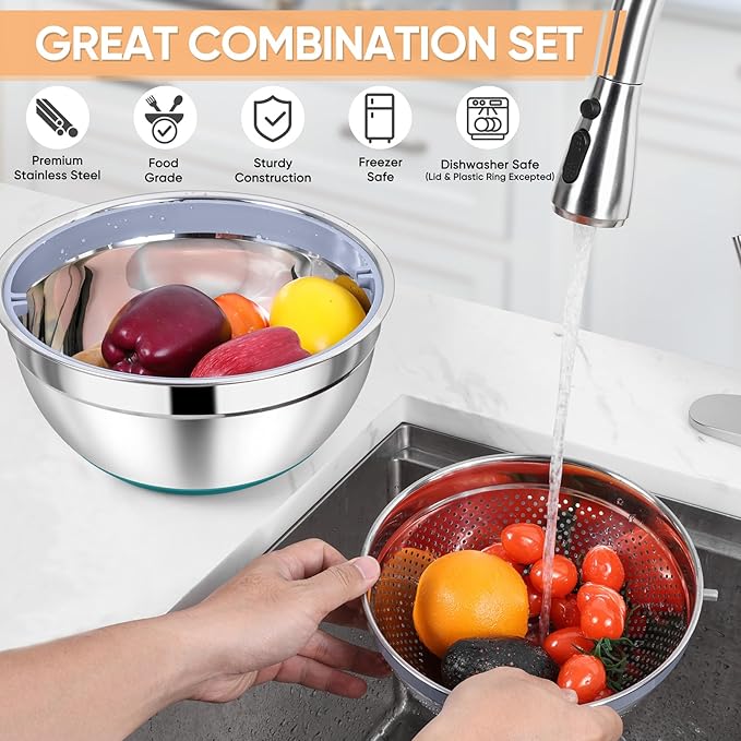 TeamFar 4-1 Colander with Bowl Set, Rotatable Colander for Kitchen, Stainless Steel Food Strainers and Colanders Mixing Bowl with Graters, for Veggies Fruits Washing, Pasta Straining - Blue