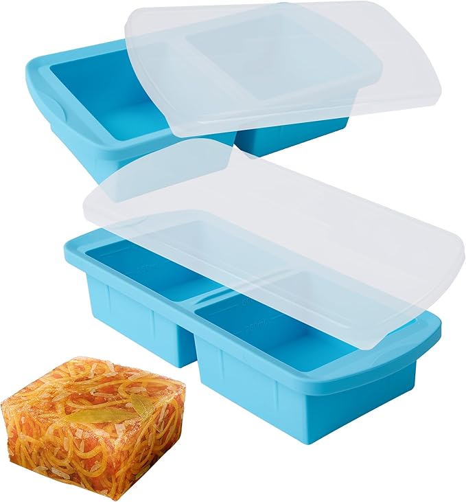 Silicone Freezer Tray with Lid 2 Pack Silicone Freezer Molds - Large Ice Cube Tray - Makes 4 Perfect 2 Cup Portions Soup Cubes Meal Prep Containers- Oven & Dishwasher Safe