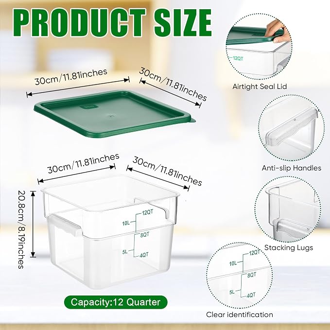 FoldTier 2 Pieces Square Food Storage Containers Polycarbonate Clear food Container with Lid Commercial Storage with Graduations for Commercial Kitchen Dough Marinating Meat(Green,12 Qt)