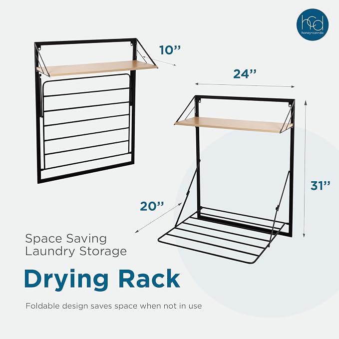 Honey-Can-Do Wall-Mount or Over-The-Door Compact Collapsible Drying Rack with Extra Shelf, Black & Oak