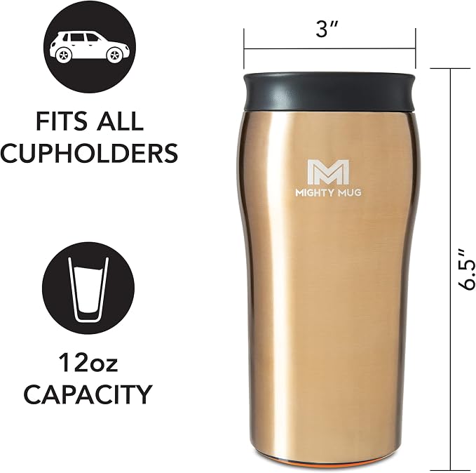 Mighty Mug | The Untippable Mug | Grips When Hit, Lifts for Sips | Insulated Stainless Steel Tumbler | Cupholder Friendly | Gifts for Women Men All | Leakproof | 4 Hours Hot / 24 Cold | 12oz | Gold