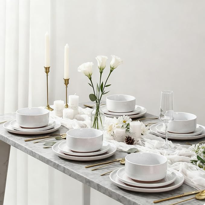 GZG Modern Art Series - 12 Pcs Speckled Stoneware Plates and Bowls Sets, Ceramic Dinnerware Set with Rustic Terracotta Underside, Microwave and Dishwasher Safe Handcrafted Dishes Set - Porcelain White