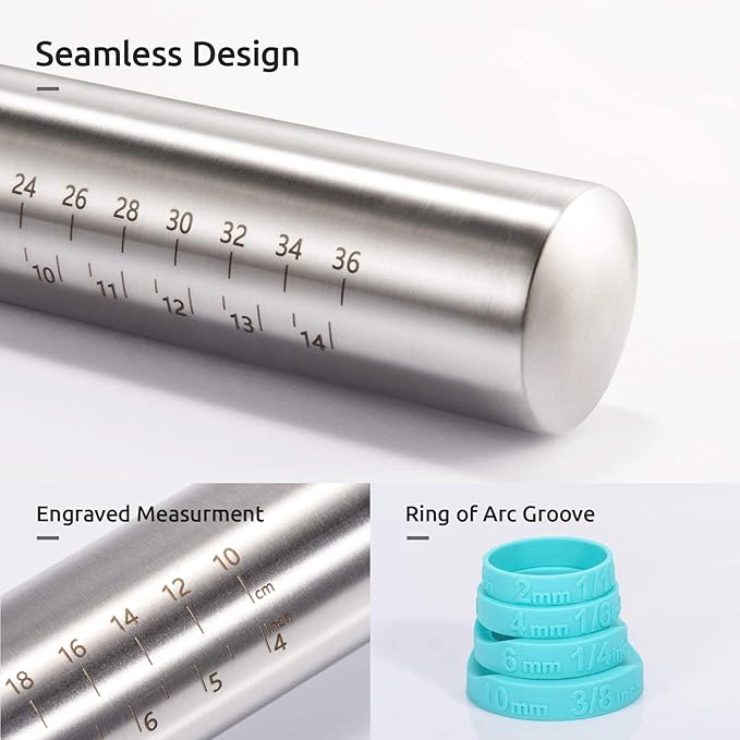 U-Taste 18/8 Stainless Steel Measuring Cup and Spoon Set of 10 Multicolor and 16 inch Adjustable Rolling Pin with Silicone Removable Thickness Rings Aqua Sky