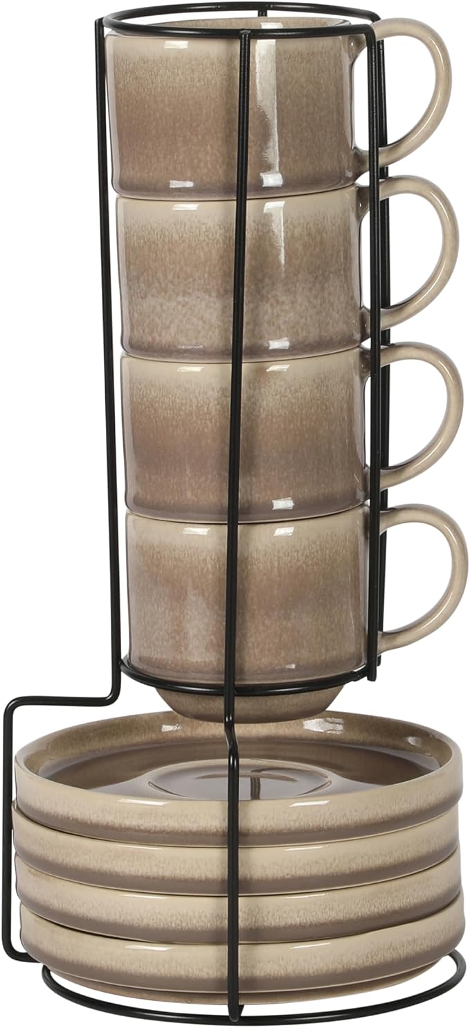 Gibson Elite Sunrise Hills 9-Piece Stackable Stoneware Cup and Saucer Set with Metal Rack, 6 oz, Service for 4, Dishwasher and Microwave Safe, Taupe