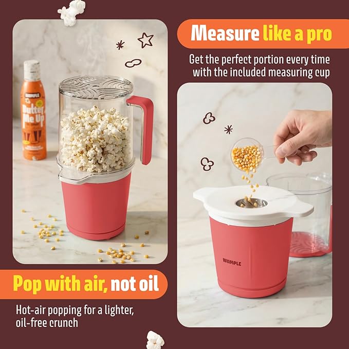 Air Popper Popcorn Machine - 10-Cup Air Pop Popcorn Maker with Measuring Cup - Hot Air Popped Oil-Free Compact Popcorn Popper - Movie Nights & Parties - Red