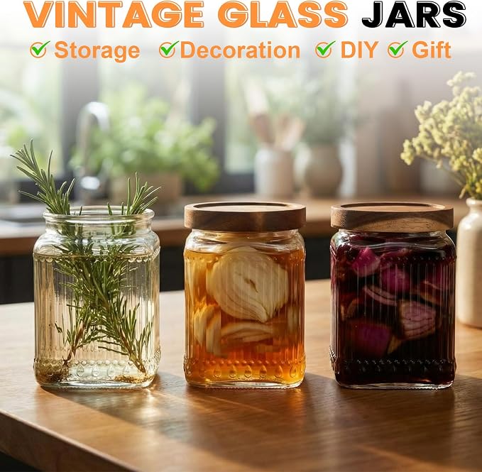 6 Pcs Vintage Glass Storage Jar with Lid 25.3 oz Glass Containers Stylish Ribbed Pattern Airtight Kitchen Jars Candy Jar for Food Cookies Candy Coffee Tea Beans Grains Storage