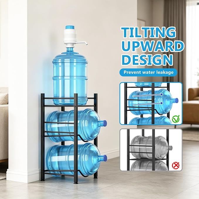 Small 5 Gallon Water Jug Holder, 3 Tier Water Jug Stand Holder with 1 Dispenser Valves, 5 Gal Water Bottle Storage Rack Organizer for Kitchen, Office, Garage