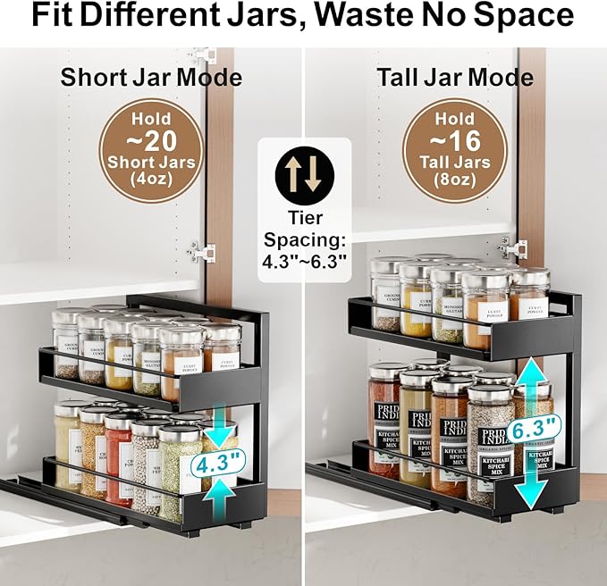 iSPECLE Pull Out Spice Rack - 2 Pack Peel and Stick No-Drill Vertical Spice Racks for Inside Cabinet Easy Access No Digging, Adjustable Height for 4oz to 8oz Spice Jars, For Kitchen Pantry Cabinet