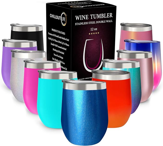 CHILLOUT LIFE 12 oz Stainless Steel Wine Tumbler with Lid - Double Wall Vacuum Insulated Wine Cup Glass Keeping Cold & Hot for Coffee, Champagne, Cocktails, Ice Cream - Blue Sparkle