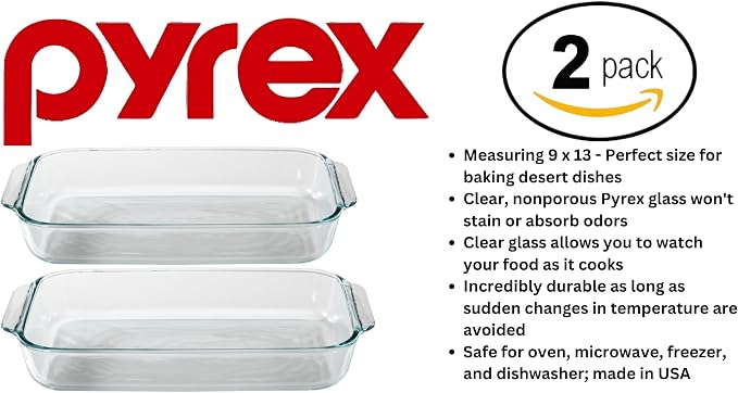 Pyrex Basics 3 Quart Oblong Glass Baking Dish, Clear 9 x 13 inch - Set of 2 - Original Genuine Pyrex - Made in the USA