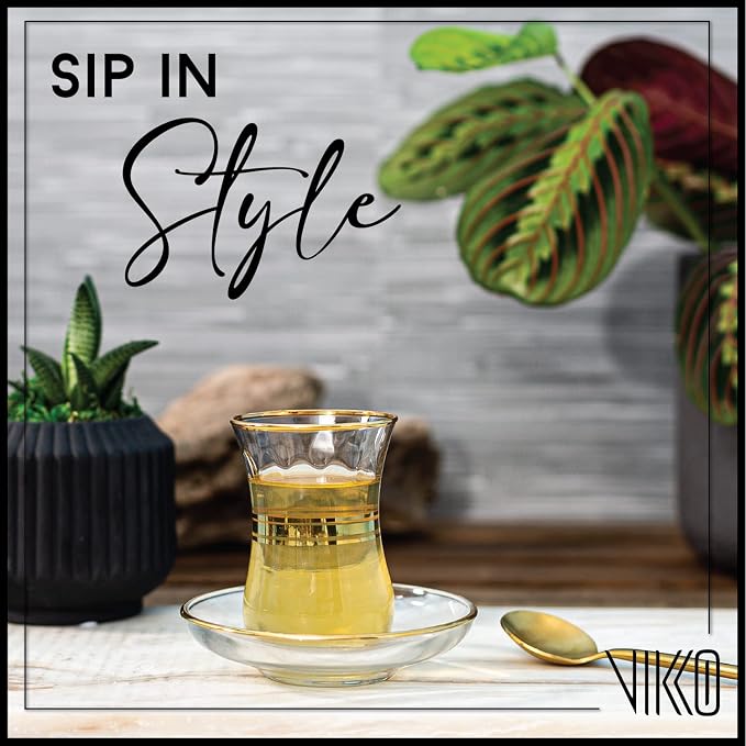 Vikko Turkish Tea Glasses & Saucers, 4 Oz Authentic Turkish Tea Cups,Set of 6 Clear Glass Tea Cups And Saucers, Gold Accented Turkish Tea Cup Set, 6 Cups and 6 Plates