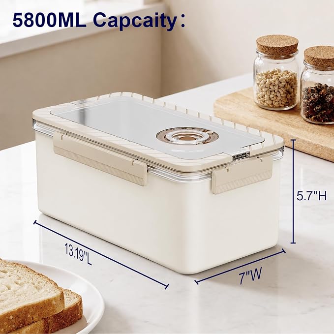 QCQHDU Bread Box, Time Recording Stainless Steel Corner Fresh Bread Box Airtight Keeper Food Storage Container for Kitchen Countertop Homemade Breadbox BPA Free, 5800ML Large Capacity, Beige