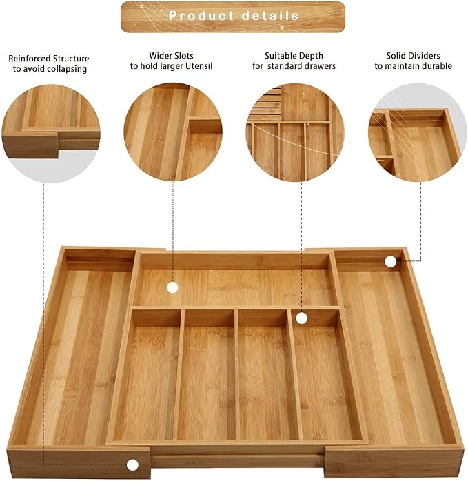 VaeFae Bamboo Silverware Drawer Organizer with Knife Block Set