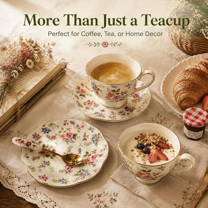 Noviko 6 oz Floral Tea Cups and Saucers Flower Ceramic cup for Women and Tea Parties