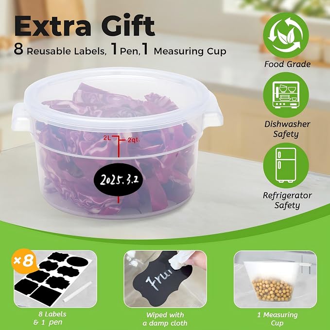 BIEAMA 4 Pack 2 Qt Round Food Storage Containers with Lids, Translucent PP | Include lids, labels, measuring cups and containers with capacity markings for food prep, pantry storage and dough proofing.