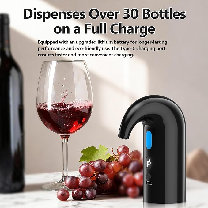 Electric Wine Aerator & Decanter Pump – Perfect Mother’s Day Gift: Quiet Dual-Pump Aeration, Measured Pouring, Temp Display & USB Rechargeable System – Professional Wine Tool for Home Bars (Black)