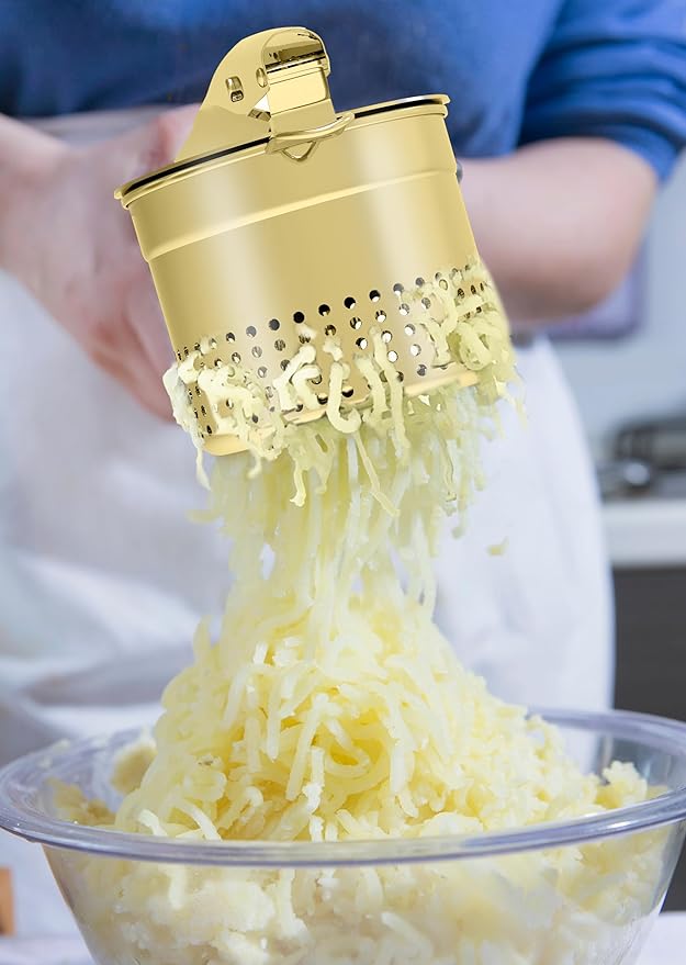 GloTika Large 15oz Potato Ricer Masher, Heavy Duty Stainless Steel Potato Masher with Ergonomic Handle, Masher and Ricer Kitchen Tool for Mashed Potatoes, Noodle Maker, Gold