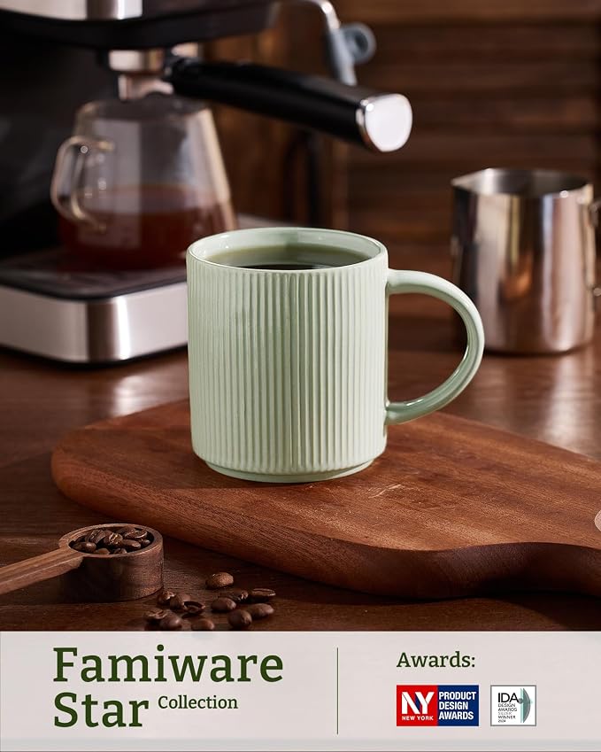 famiware Coffee Mug Set for 6, Star 16 oz Catering Mugs Cup Set with Handle for Coffee, Tea, Cocoa, Milk - Ceramic Stoneware Drinkware Set, Matte Green