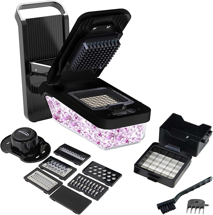 Brentwood All-in-One Food & Vegetable Chopper, Mandoline Slicer, and Cheese Grater with 4.25-Cup Storage Container and 8 Interchangeable Stainless Steel Blades (Black)