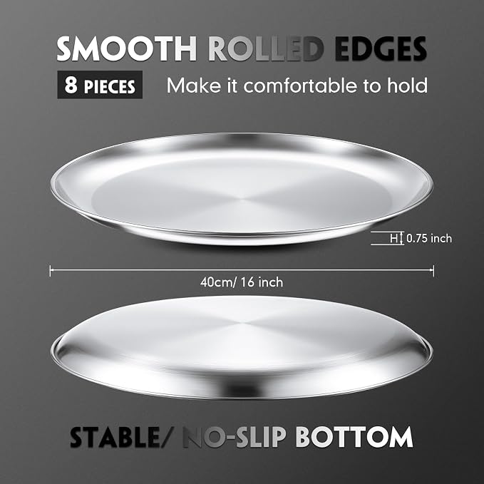 Thenshop 8 Pieces 16 Inch Pizza Pans Bulk Stainless Steel Sets Round Bakeware Pizza Trays for Oven Kitchen Baking Home Restaurant Safe Sturdy Reusable Easy Clean(Matte Silver)