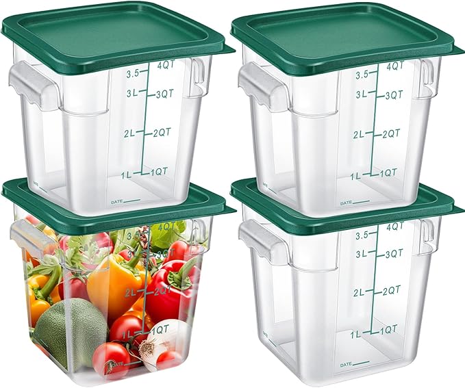 Maxcheck 4 Pcs 4qt Food Storage Container with Lids Bulk Clear Plastic Commercial Food Storage Bins with Scale Handle Space Saving Restaurant Tubs for Kitchen Prep Proof Dough(Green)