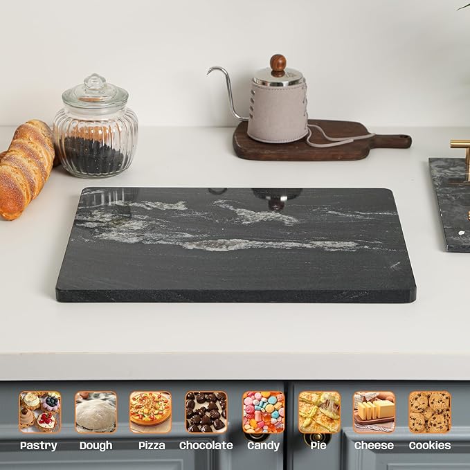 Black Marble Cutting Board for Kitchen, 12x16 Inch Marble Slab Pastry Board With Non-Slip Feet for Baking, Cheese, Charcuterie, Chocolate – Serving Tray Gift