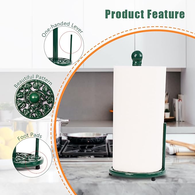 Green Cast Iron Paper Towel Holder for Kitchen Countertop - Vintage Pumpkin Pattern Standing Dispenser with Heavy Weighted Base, Farmhouse Decor, Fits Jumbo Rolls, One-Handed Tear