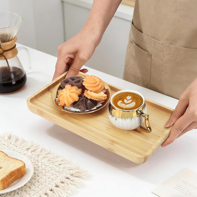 6 Pack 3.2oz Espresso Cups with Saucers, White Porcelain with Gold Electroplated Brushstroke Rim, Pumpkin Ribbed Striped Ceramic Coffee Cup Set, Dishwasher Safe, for Espresso, Latte, Tea, Home