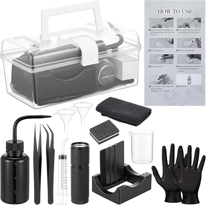 LemonRoad 15 Pcs Snow Globe DIY Tumbler Tool Kit Include Storage Box Squeeze Bottle Funnel Silicone Cup Cradle Measuring Cup Flashlight for Beginner Making Supplies Thanksgiving Day Gifts (Black)