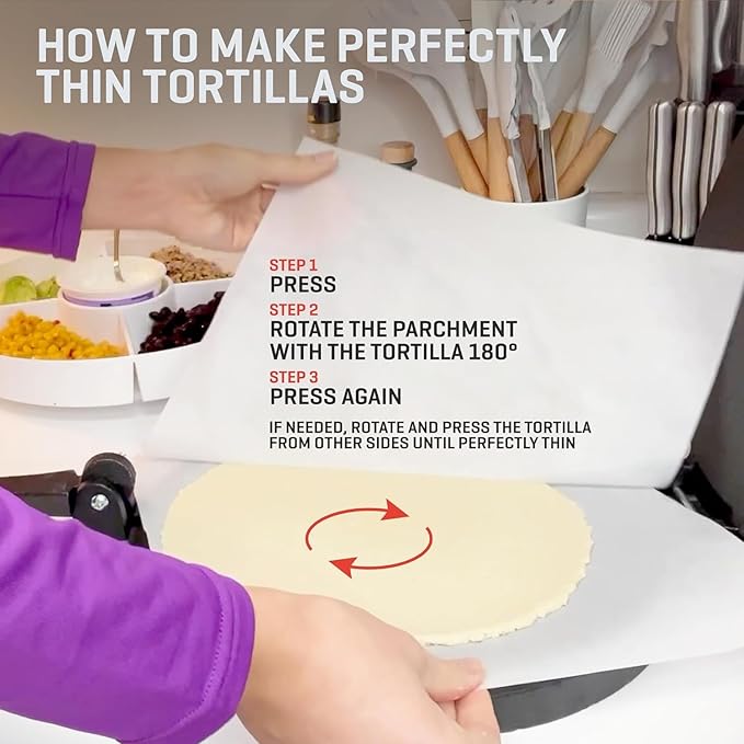Uno Casa Cast Iron Tortilla Press 8 Inch - Tortilla Maker Press, Pre-Seasoned Roti Maker with 100 Pcs Parchment Paper - Heavy Duty Quesadilla Maker for Homemade Flatbreads, Rotis, Empanadas