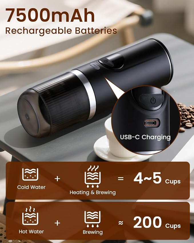 Portable Travel Espresso Maker, 20-Bar Camping Espresso Coffee Machine for Travel Car, Electric Self-Heating with USB Battery Operated,Rechargable,Ground Coffee& Capsule Compatible,80 ml Cup,Black