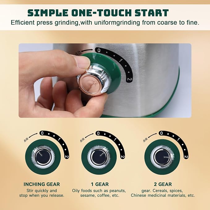 Electric Spice and Nut Grinders - 3 Stainless Steel Blades, 1 Filter, 1 Brush - 500W Grinder for Kitchen, Dry Use (Green)
