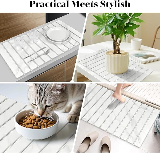 Large Stone Dish Drying Mats for Kitchen Counter, 28"(L)×16"(W) Marble-Pattern, Fast Drying Collapsible Dish Drying Mat, Eco-Friendly Absorbent Diatomaceous Earth Mats for Match Countertop