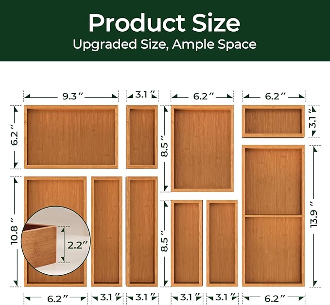 keechee Carbonized Bamboo Kitchen Drawer Organizer (Bundle: 10pc Organizers Set)