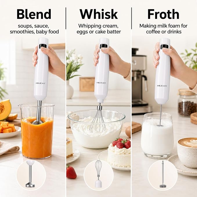 Cordless Immersion Hand Blender (Stick Blender) – Smooth, Controlled Blending for Everyday Cooking, 12V Brushless Motor, Pressure-Sensitive Variable Speed, USB-C Rechargeable, Easy-Clean (White)