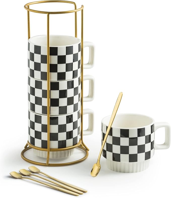 Miamolo Stackable Coffee Mug Set of 4 with Rack 11 oz Tea Cup Set with Little Spoon for Coffee Tea Cocoa Milk, Father's Day,Checkered Black and White Pattern Coffee Mug for Housewarming Gift